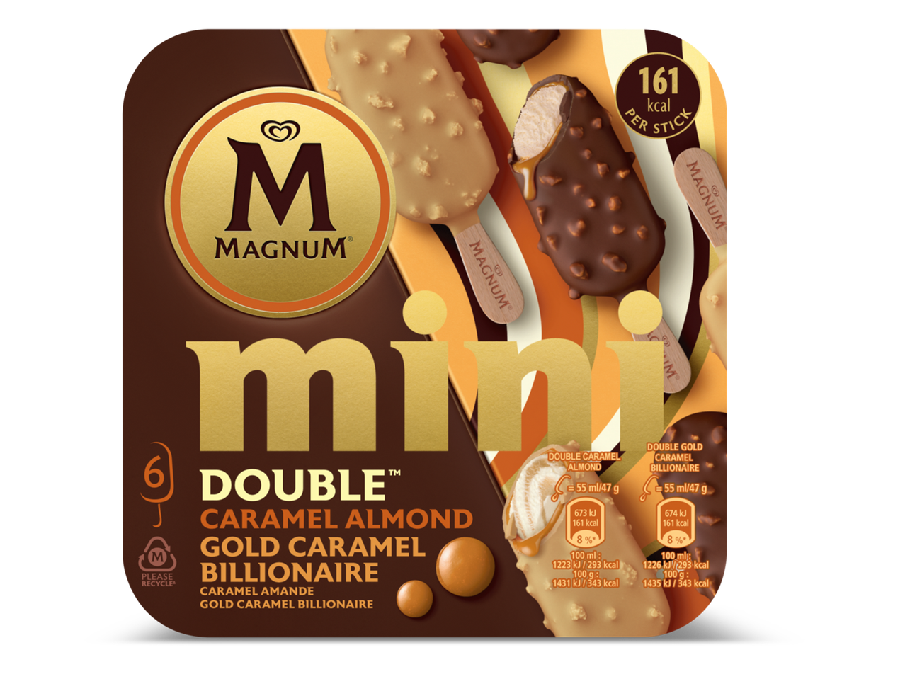 Doos met mini-ijsjes met karamel en amandel, 161 kcal per stuk.