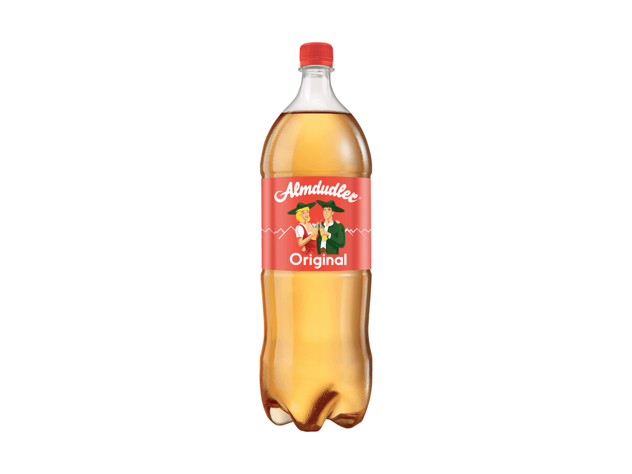 Almdudler Original Limonade in einer großen Plastikflasche mit rotem Etikett und traditionellen Figuren.