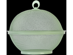 A sage green wire mesh food cover with a handle.