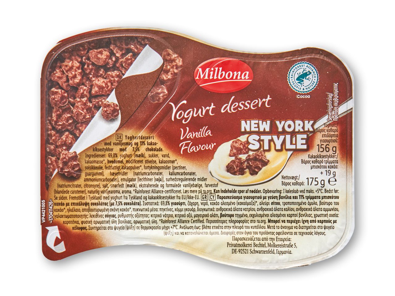 Milbona yoghurt dessert med vaniljesmag og kakaokiksestykker i New York-stil.