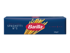 Blauwe verpakking spaghetti nummer 5 met kooktijd van 9 minuten en gewicht van 500g.