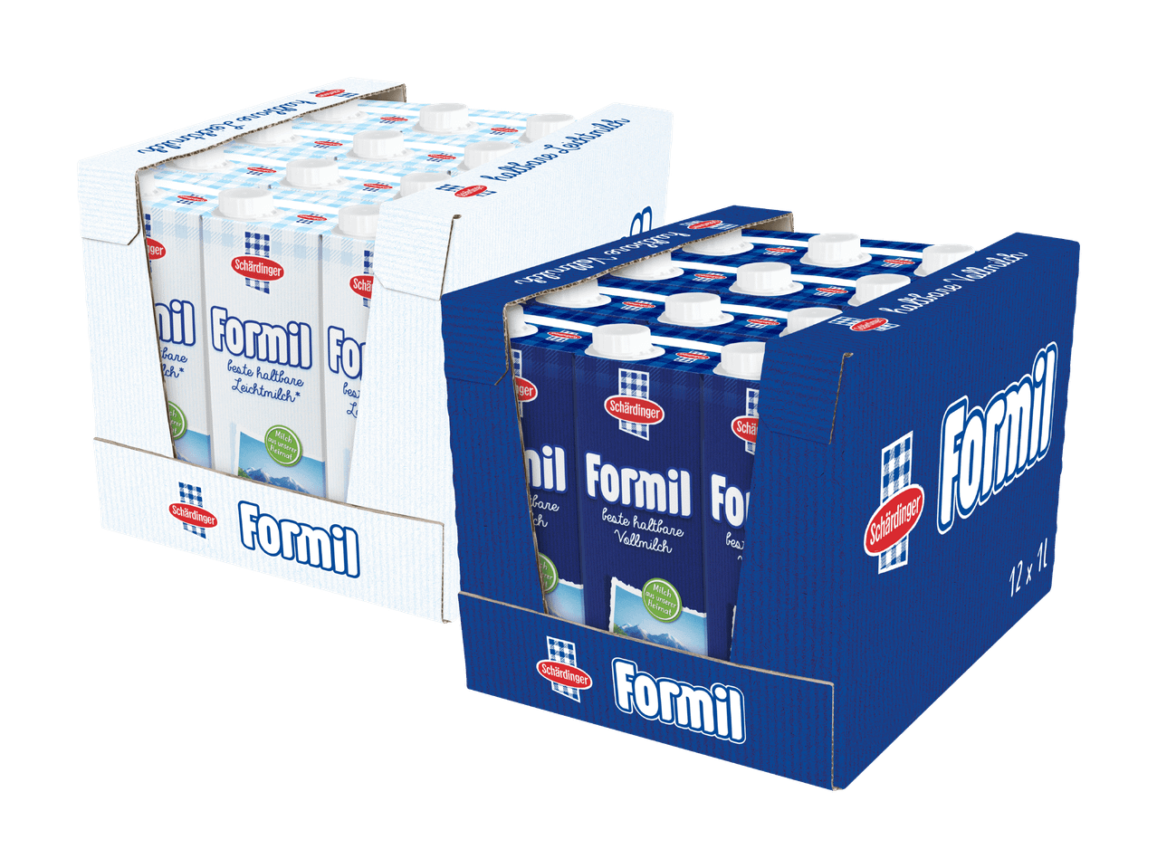 Zwei Kartons mit Formal-Milchpackungen in unterschiedlichen Designs.