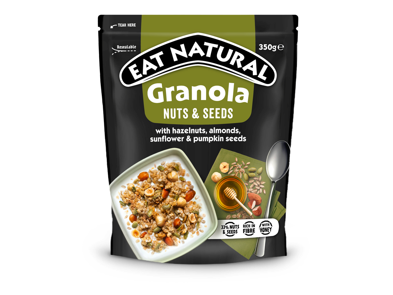 Een verpakking granola met noten en zaden, honing en een kom yoghurt.