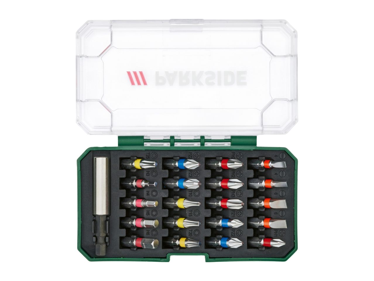 PARKSIDE screwdriver bit set with various bits and a magnetic bit holder in a green case.