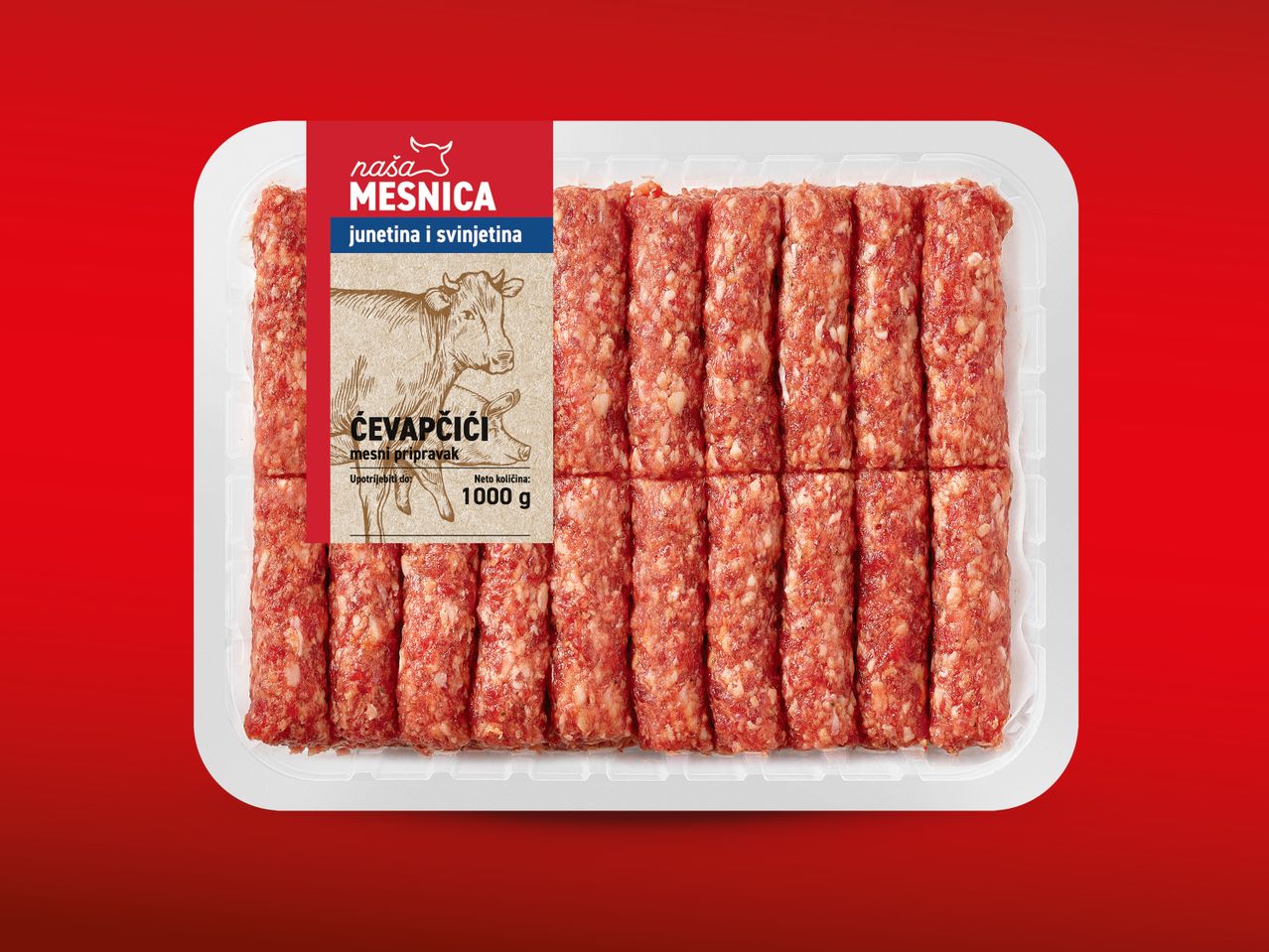 Pakiranje ćevapčića od junetine i svinjetine marke Naša Mesnica, 1000 g.