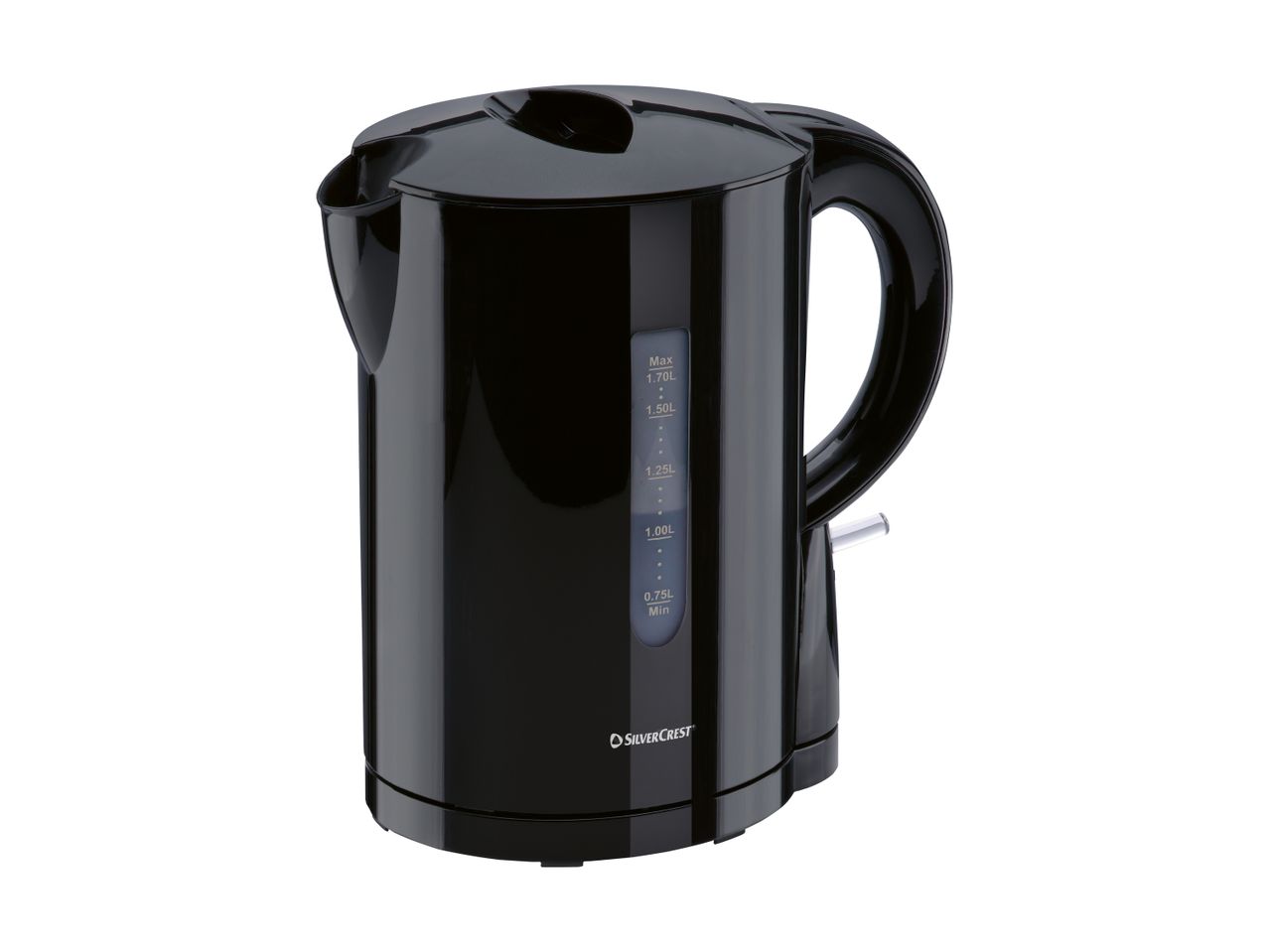 Black electric kettle with a water level indicator and SilverCrest logo.