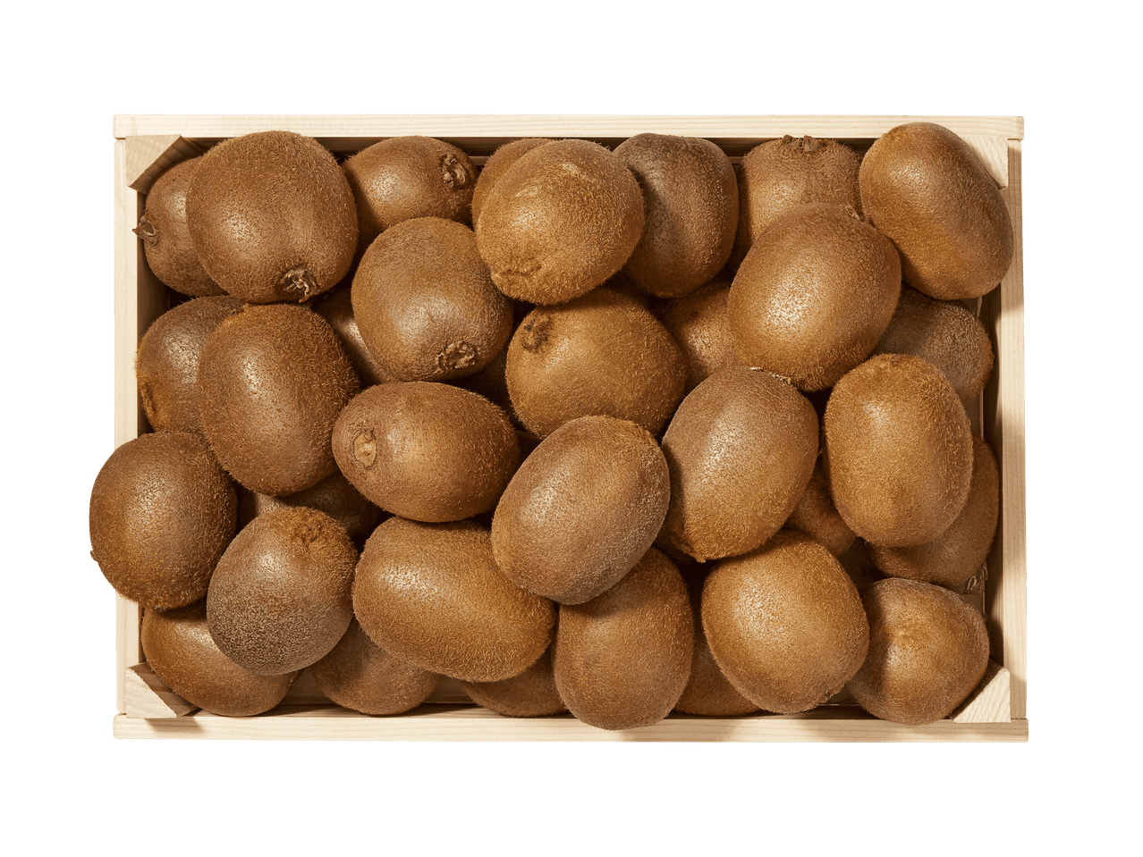 Eine Holzkiste gefüllt mit Kiwis.