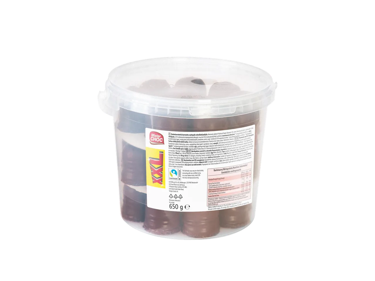 Een emmer Mister Choc cacao marshmallow (650g).