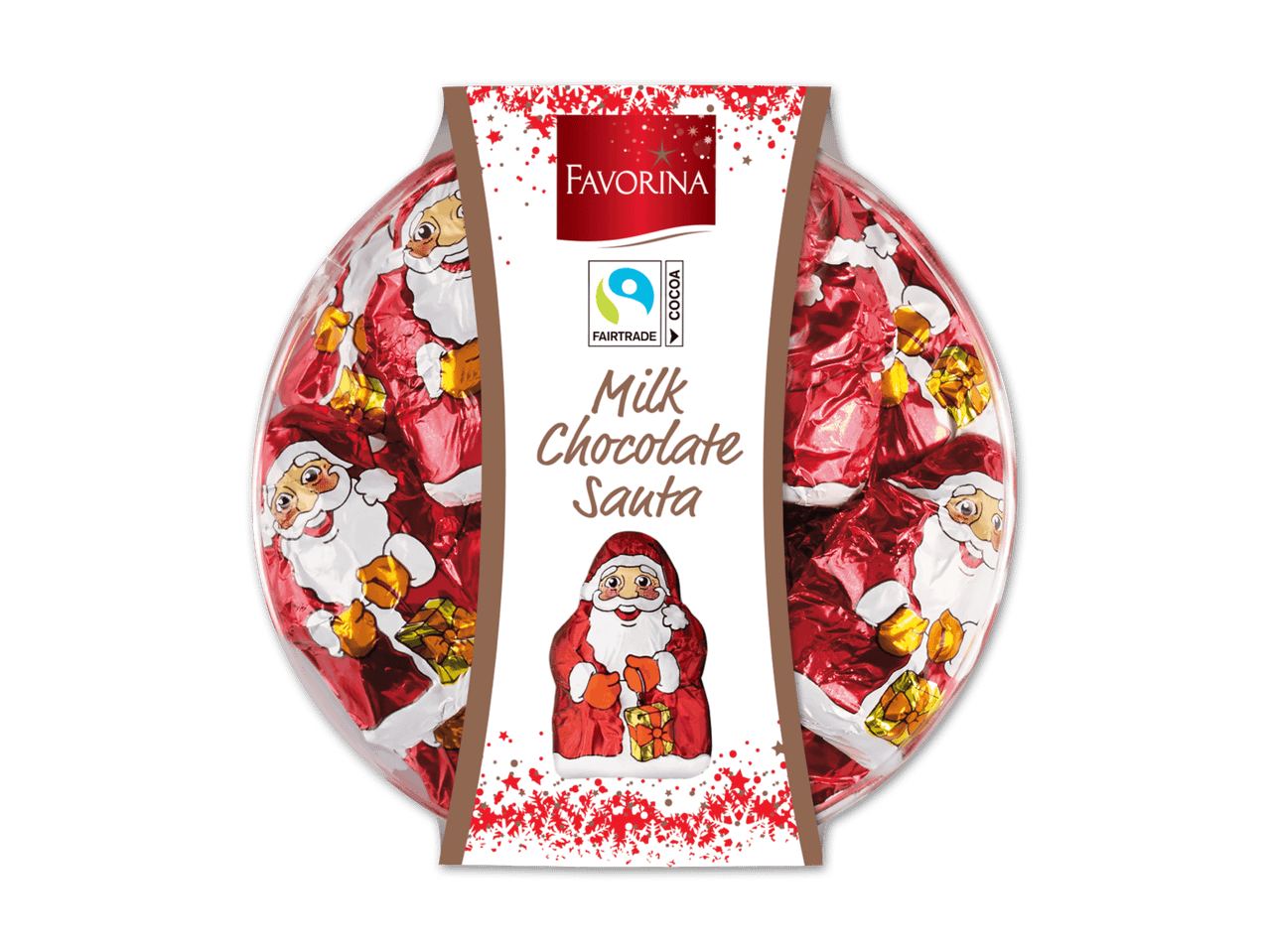 Favorina Milchschokoladen-Weihnachtsmänner in roter Folie, Fairtrade-zertifiziert.