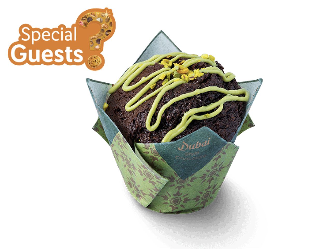 Chocolate muffin with green icing and nuts, with a 'Special Guests' logo in top left corner. 