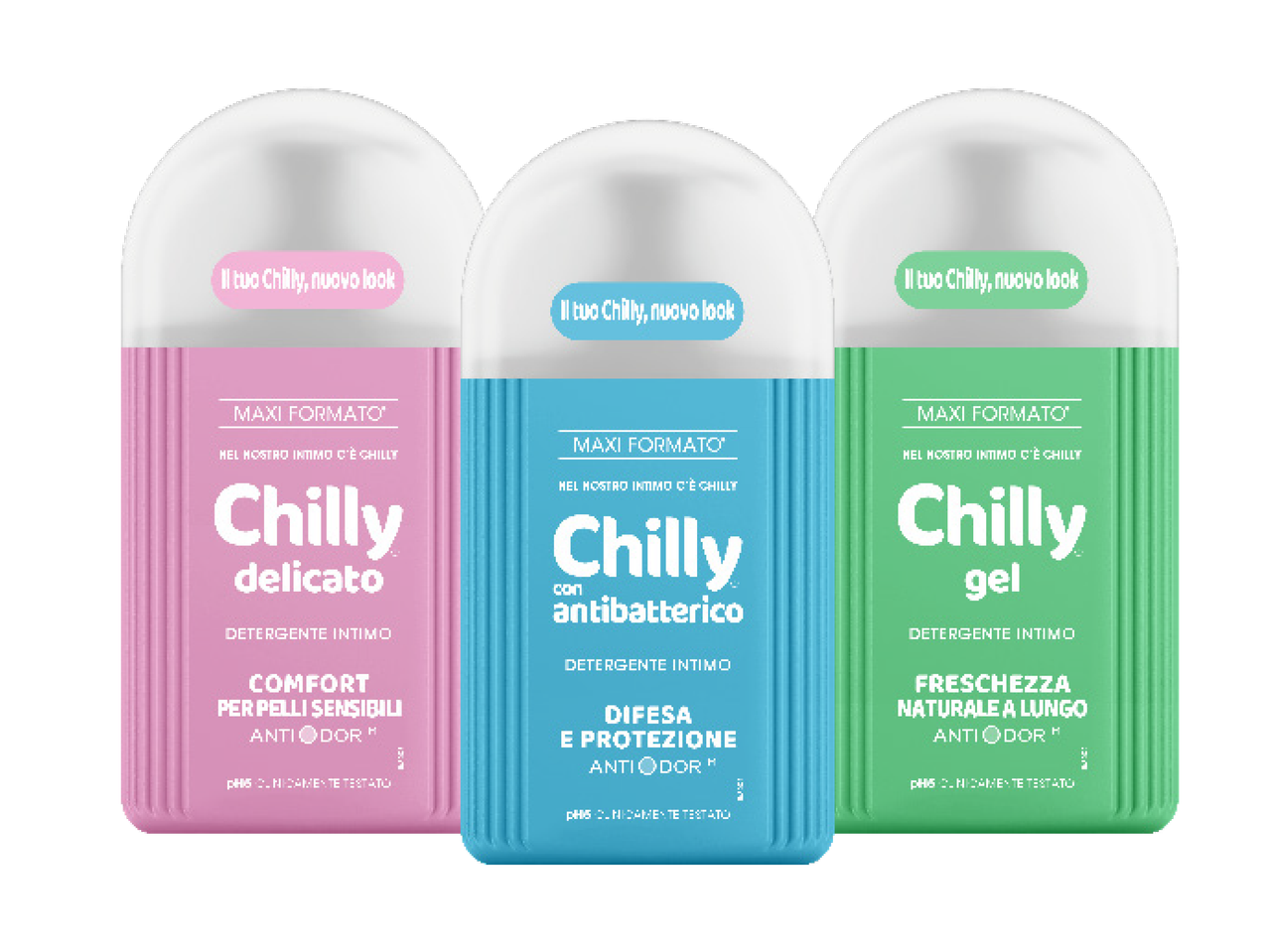 Tre flaconi di detergente intimo Chilly: delicato, antibatterico e gel.