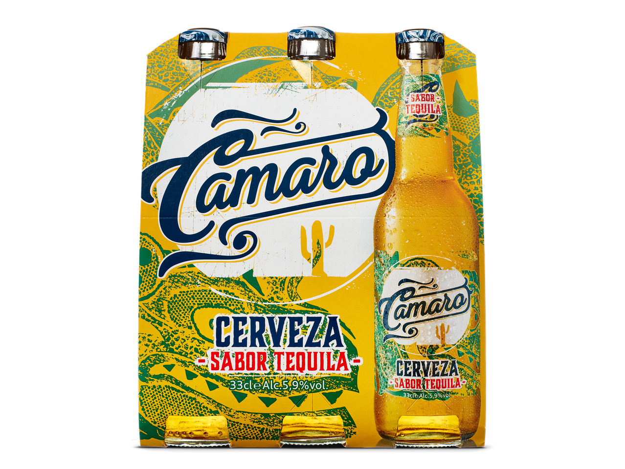 Zes-pack bier met tequilasmaak in gele verpakking met Mexicaans thema.