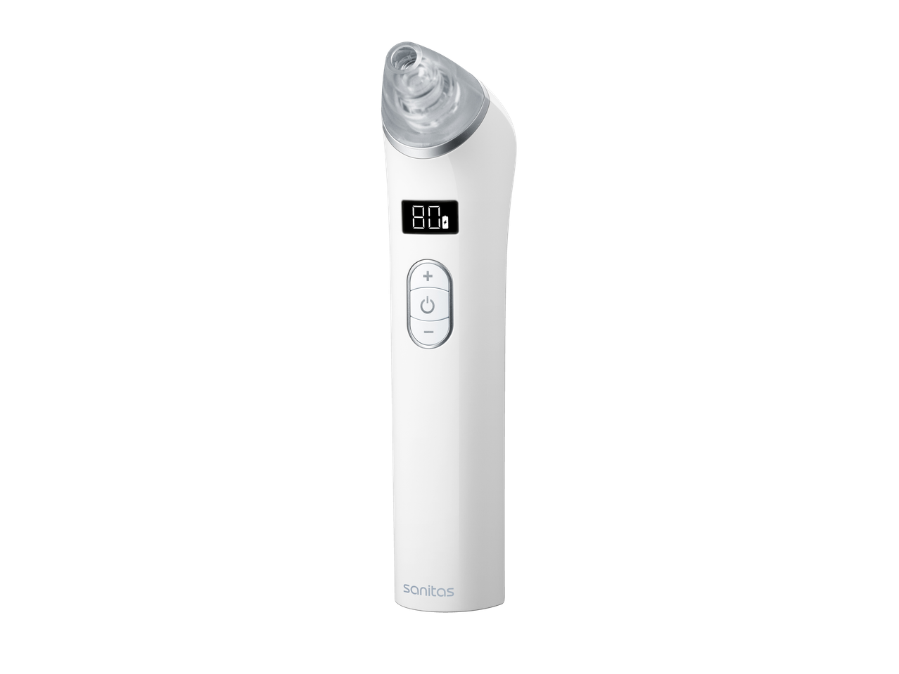 Valge Sanitas pooride puhastaja digitaalse ekraani ja juhtnuppudega.