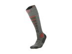 Grey ski sock with red accents and text 