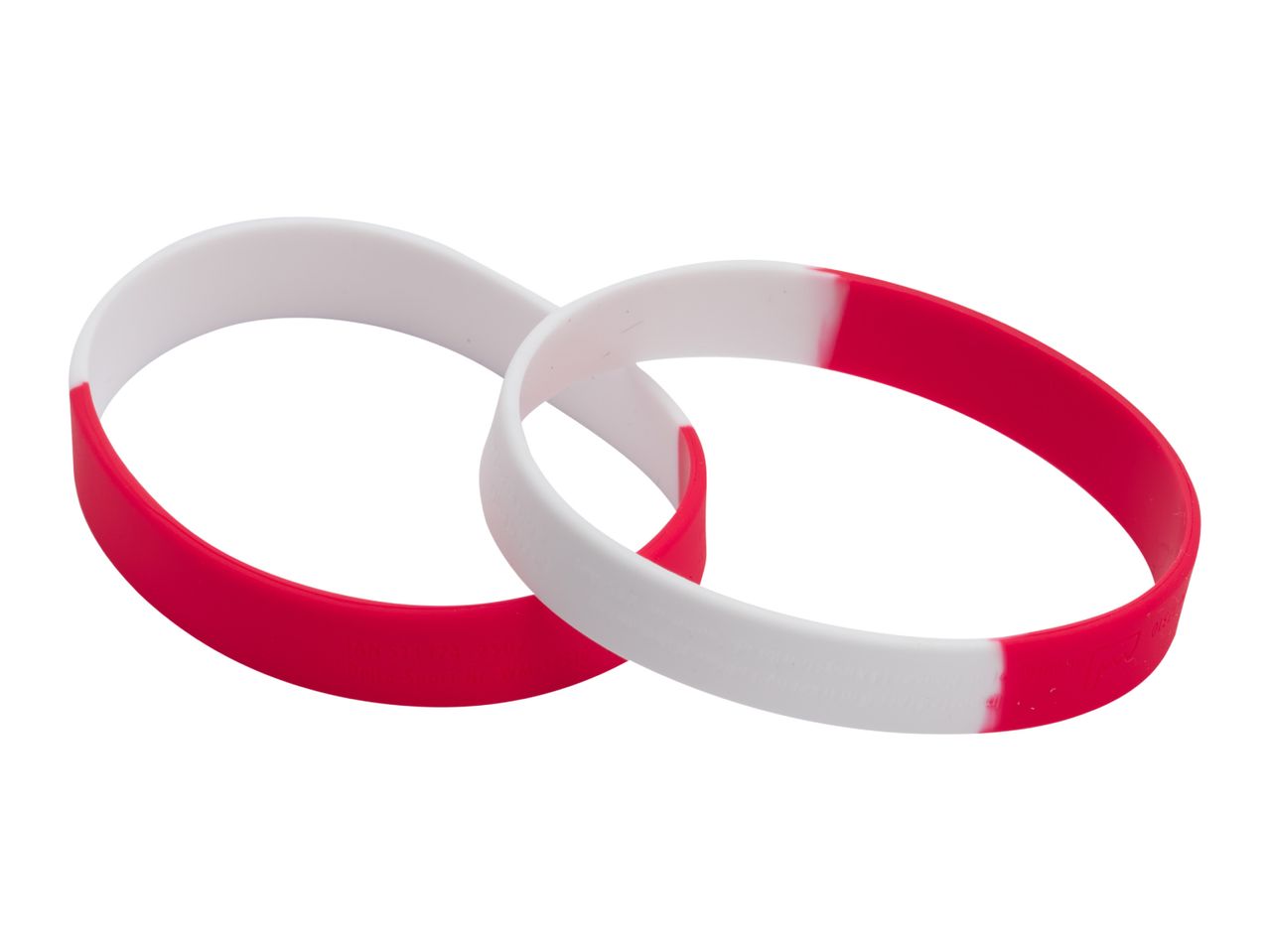 Two intertwined red and white silicone wristbands.