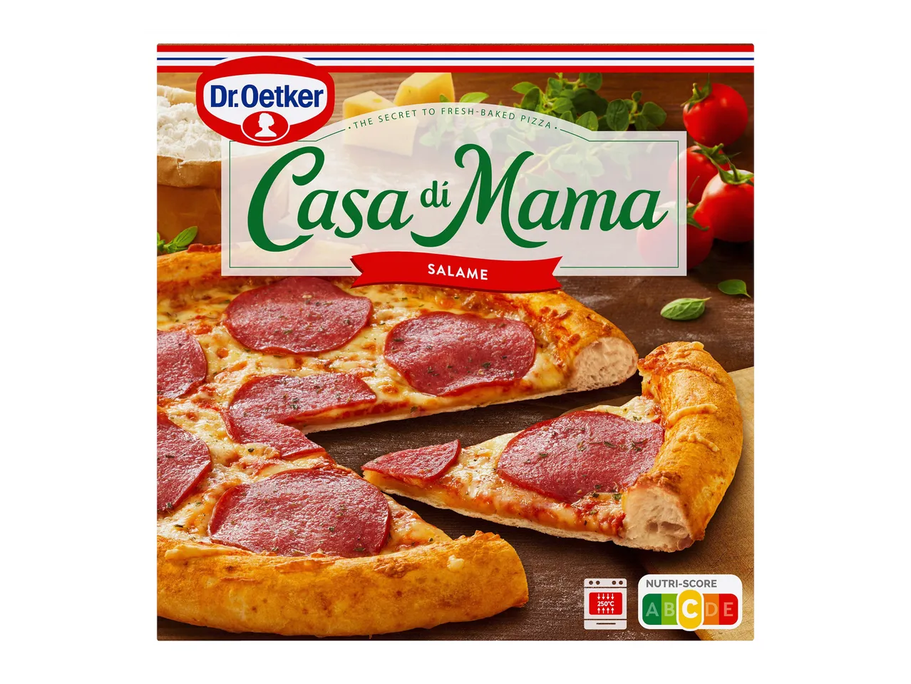 Verpakking van een salami pizza met de tekst 'Casa di Mama' en Nutri-Score A.