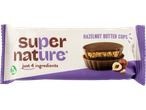 A SuperNature Hazelnut Butter Cups package, stating 'just 4 ingredients'.