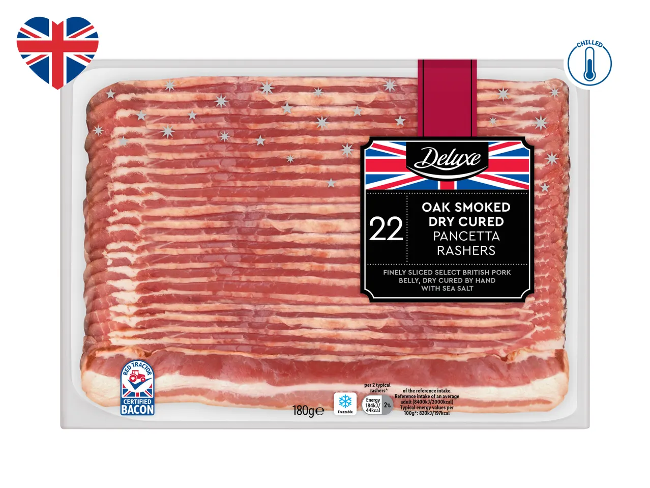 Deluxe Oak Smoked Dry Cured Pancetta Rashers, 180g, with Red Tractor certification.