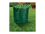 Green garden waste bag filled with leaves, standing on a lawn.