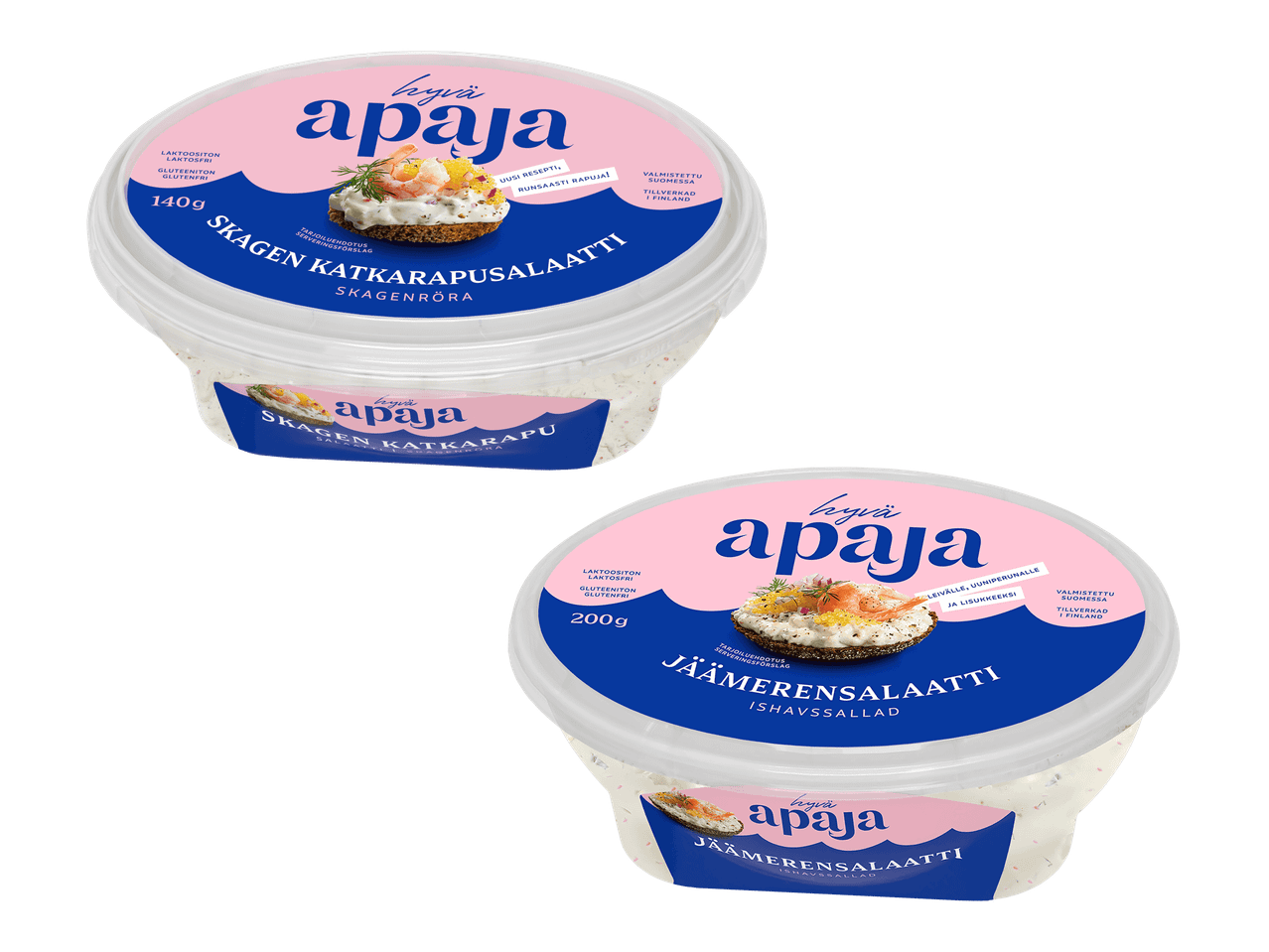 Kaksi hyvää apaja-tuotetta: Skagen katkarapusalaatti ja Jäämerensalaatti.