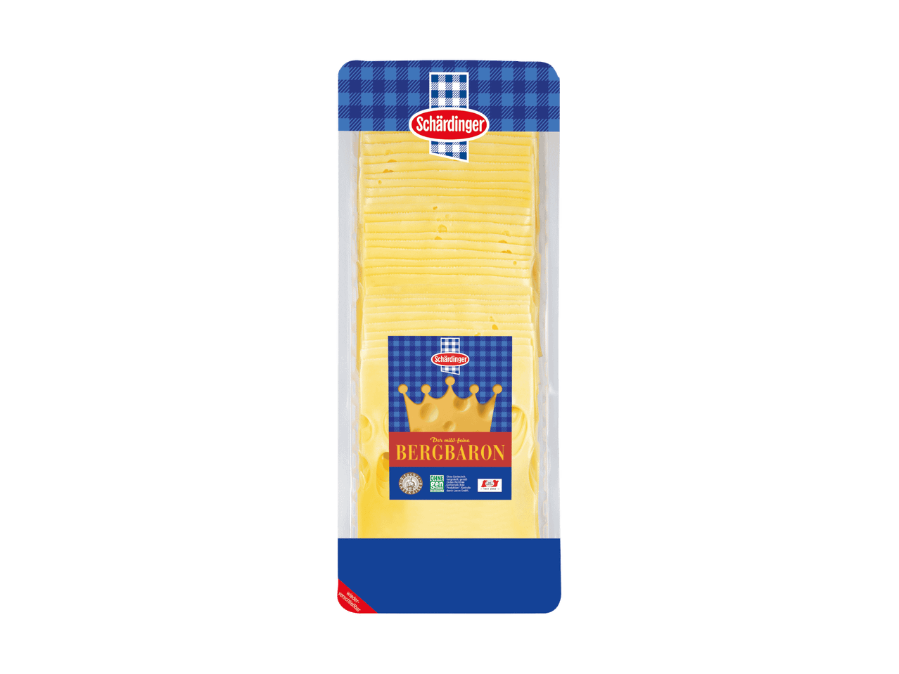 Verpackung mit geschnittenem Käse, der Aufschrift „Der mild-feine BERGBARON“ und einem Kronenmotiv.