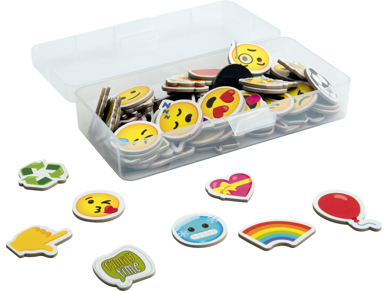 Magneți emoji într-o cutie: multe emoji diferite și alte elemente drăguțe.