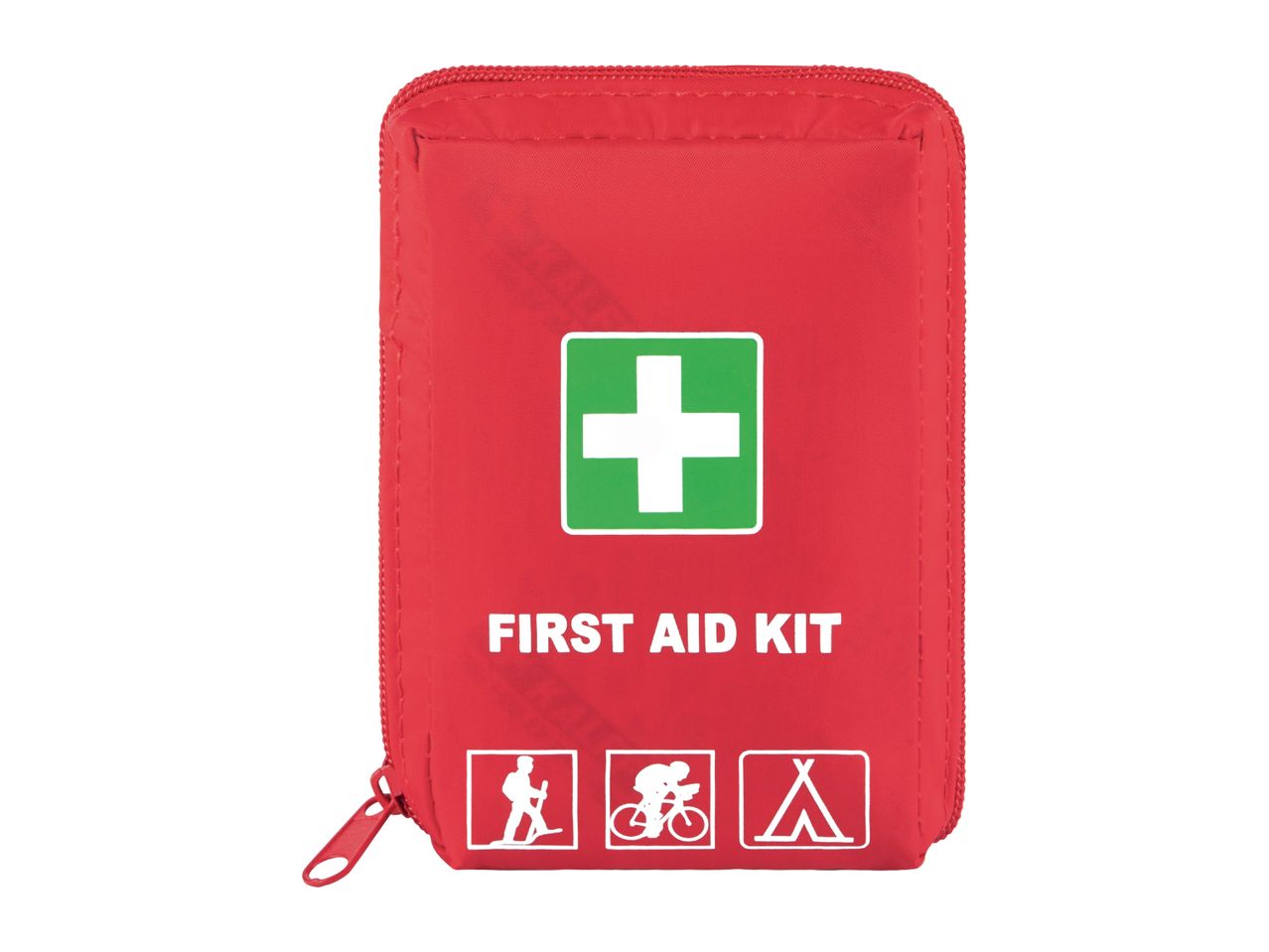Red first aid kit with a white cross on a green square, and icons for hiking, cycling, and camping.