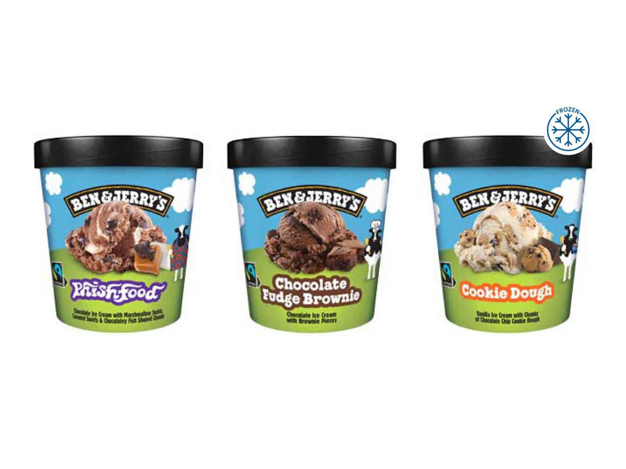 Three Ben & Jerry's ice cream tubs: Phish Food, Chocolate Fudge Brownie, and Cookie Dough.