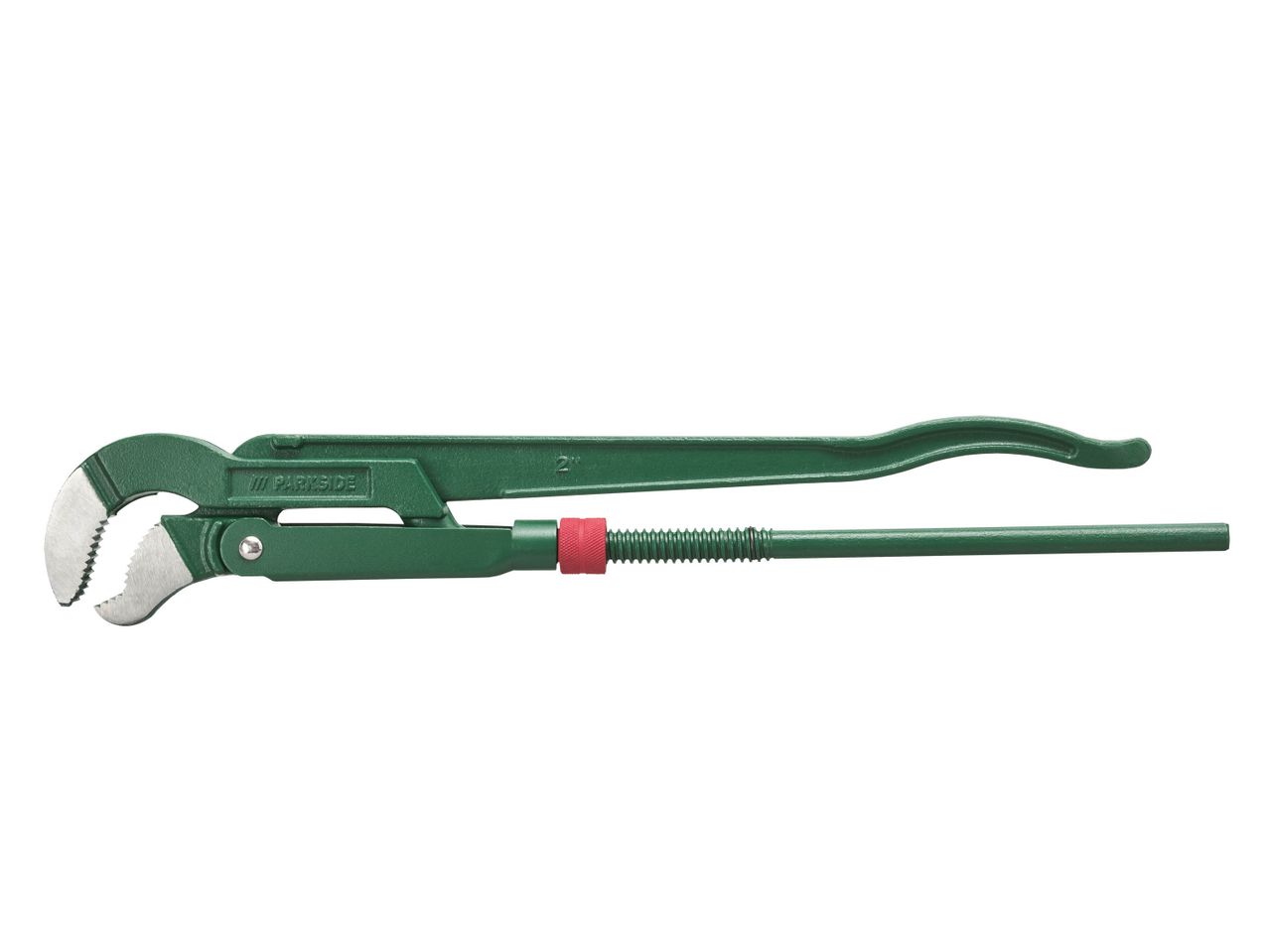 A green pipe wrench with a red adjustment knob.