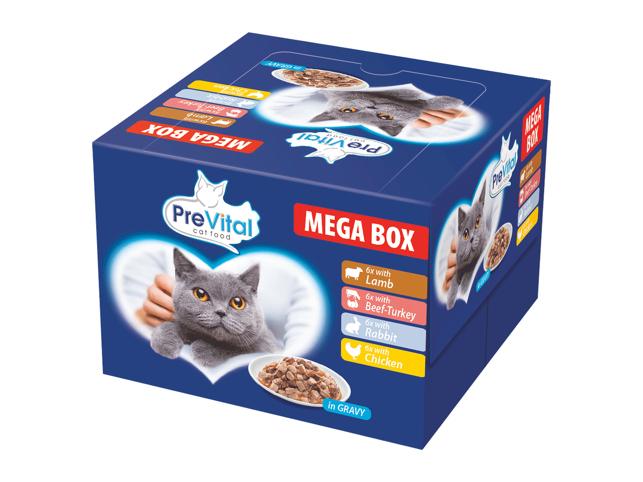 Cutie mare de hrană pentru pisici cu arome de miel, vită-curcan, iepure și pui, în sos.