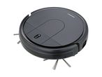 Dark grey robotic vacuum cleaner with side brushes and control buttons on top