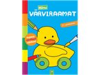 Värviraamat kollase vannipardiga, värvipliiatsite ja pintsliga, tekstiga 'Minu Värviraamat' ja '2+ aastastele'.