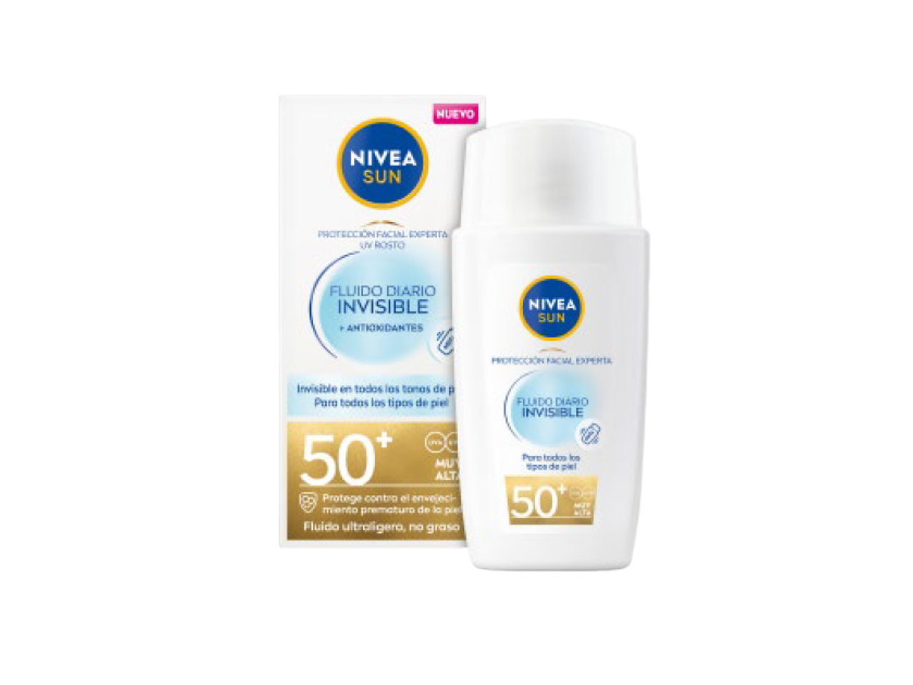 Protetor solar facial diário invisível com FPS 50+, para todos os tipos de pele.