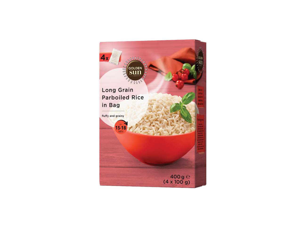 Kutija dugozrnate riže u vrećicama, s prikazom kuhane riže u zdjeli i rajčicama.