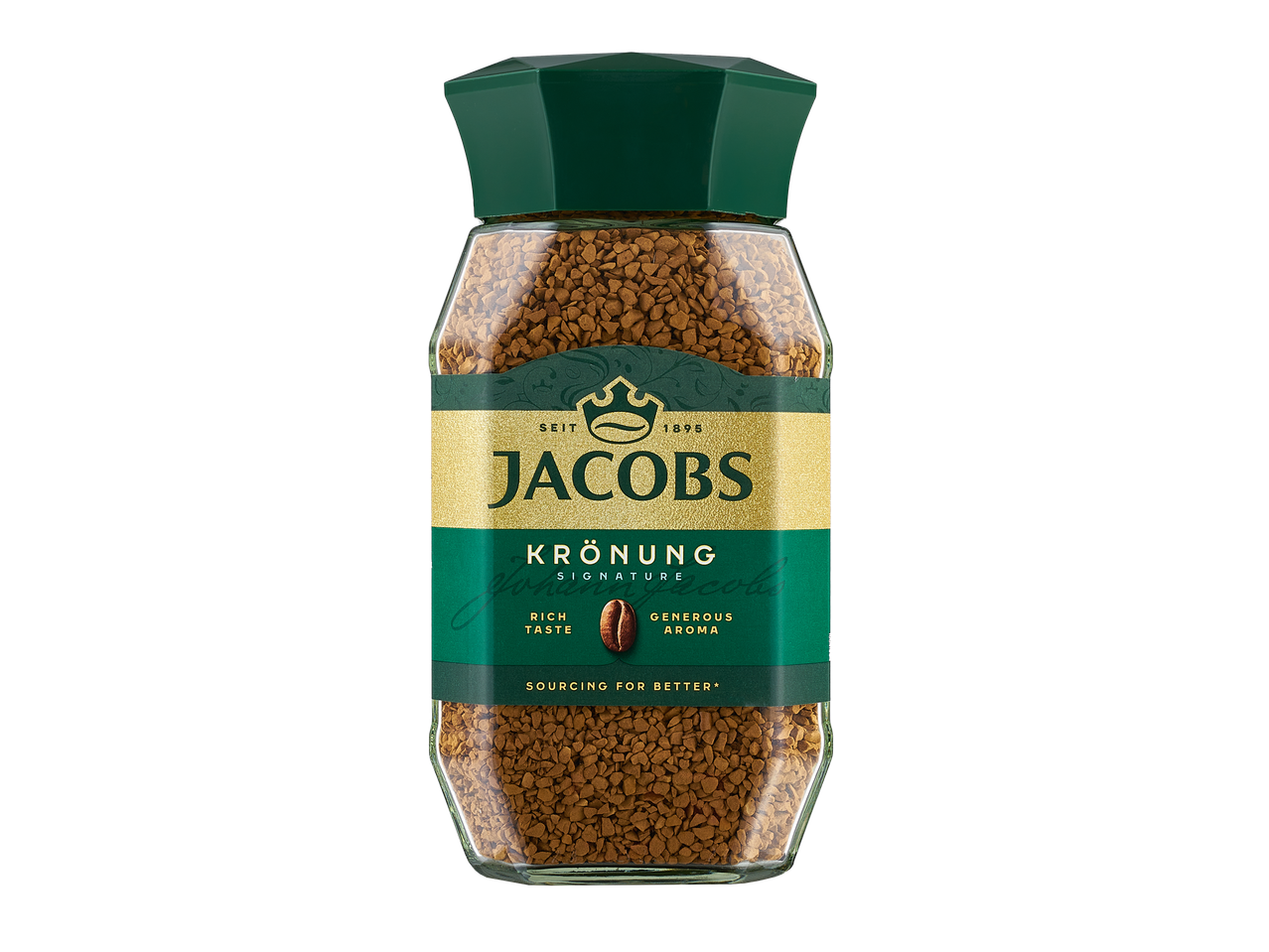 Jacobs Krönung kavos granulės stikliniame indelyje.