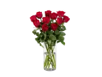 Um buquê de rosas vermelhas em um vaso de vidro.