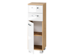 White and wood-effect cabinet with two drawers and an open door