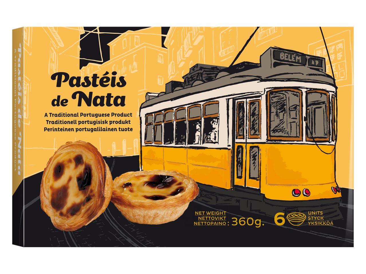 Pasteis de Nata: 6 traditional Portuguese pastries illustrated against a Lisbon tram backdrop.