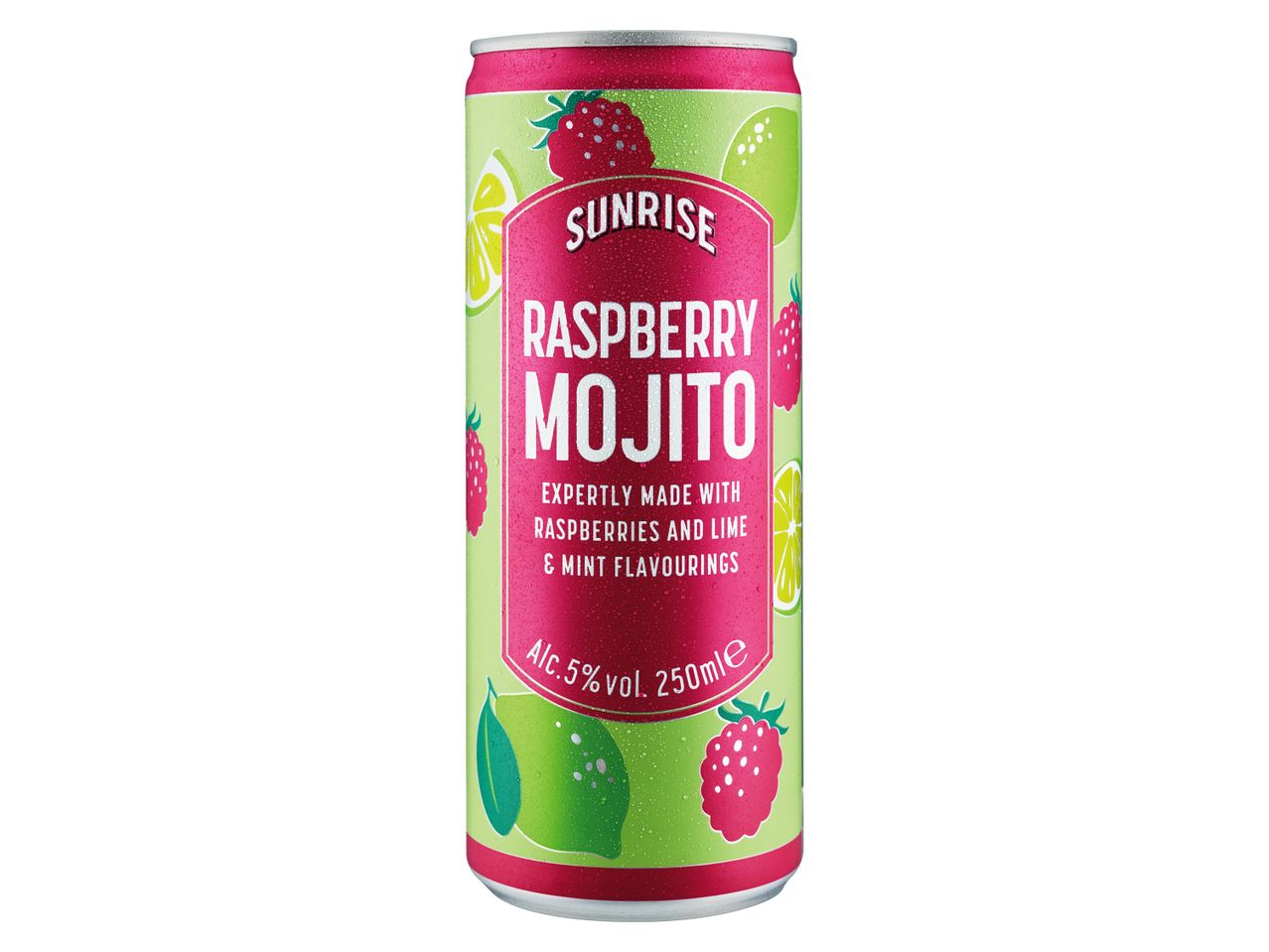 Sunrise Raspberry Mojito, a 250ml can of raspberry-lime flavored alcoholic beverage.