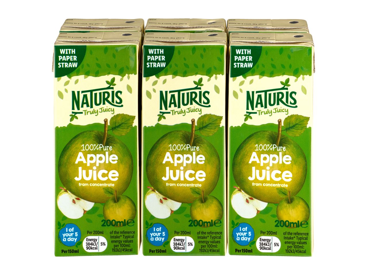 Three cartons of 100% pure apple juice with paper straws, featuring green apples and nutritional information.