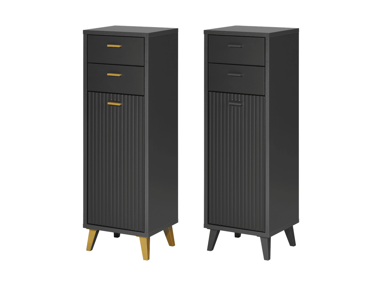 Deux armoires noires avec tiroirs et portes persiennes, l'une avec des pieds dorés et l'autre avec des pieds noirs.
