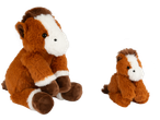 Two brown and white plush horse toys, one large and one small, sitting on a black background.