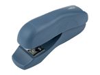 Blue stapler with a metallic staple tray, viewed from an angle.