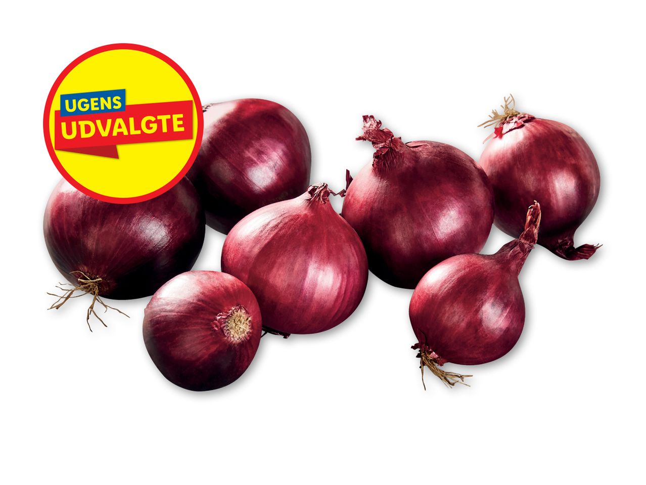 Rødløg med et gult og rødt mærke, der siger 'UGENS UDVALGTE'.