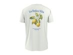 White t-shirt with a lemon branch design and the text 'La Dolce Vita' and 'When life gives you lemons Seize the Day'.
