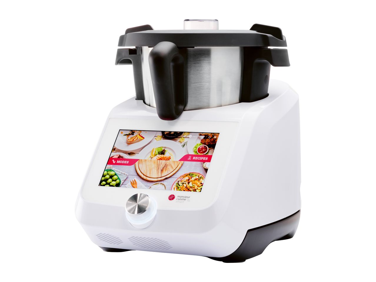 A white and black Monsieur Cuisine Smart food processor with a digital display showing food images.