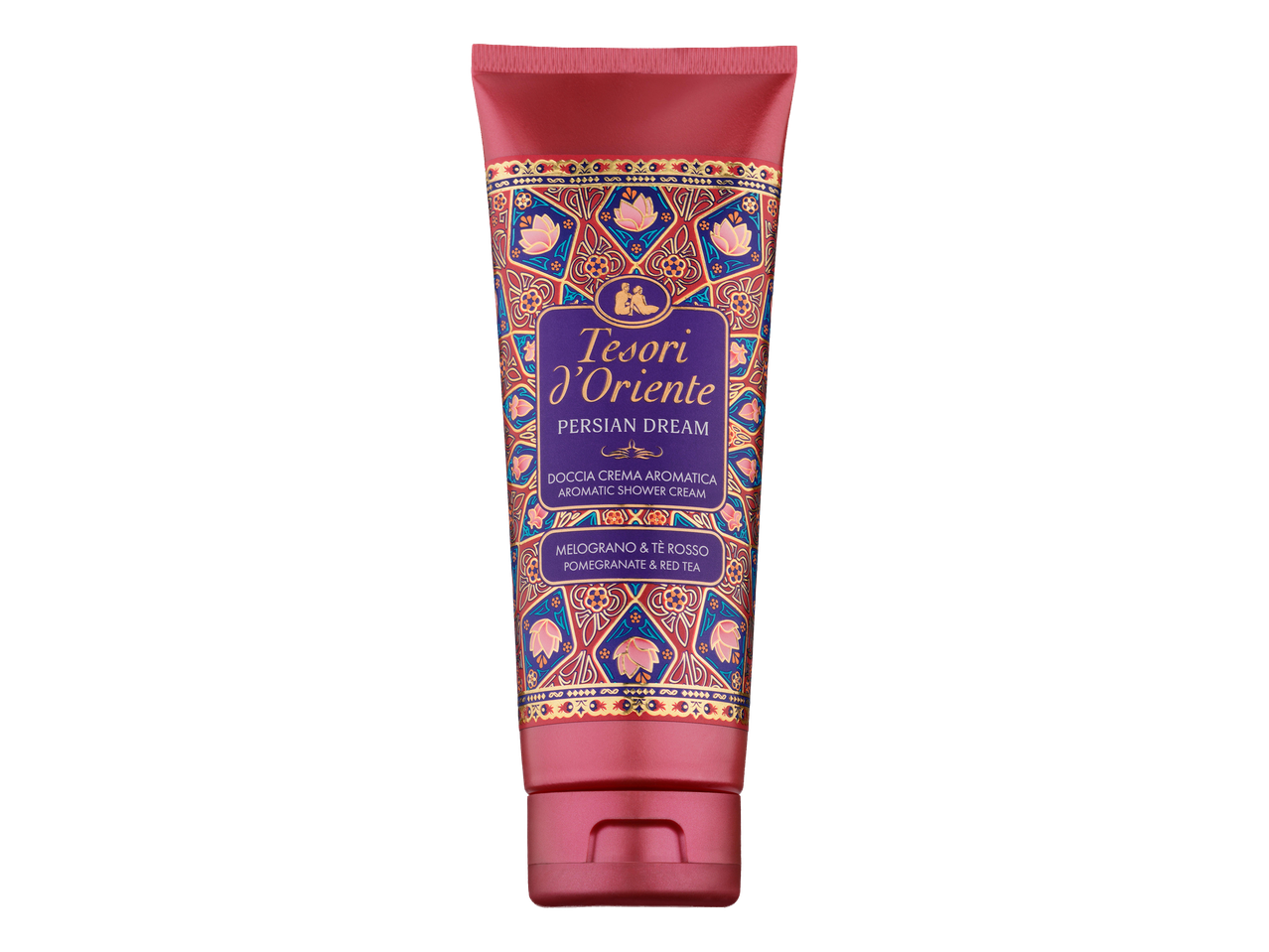 Vörös színű, perzsa mintás tusfürdő tubus, „Persian Dream” és „Pomegranate & Red Tea” feliratokkal.