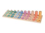 Wooden counting and shape sorting board with numbers 1-10 and colorful rings.
