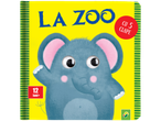 Carte pentru copii 'La Zoo', cu 5 clape, ilustrată cu un elefant drăguț.