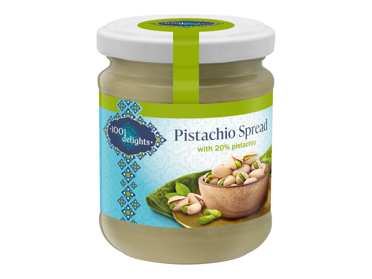 1001 DELIGHTS Pâte à tartiner pistache avec 20% de pistache dans un pot en verre.